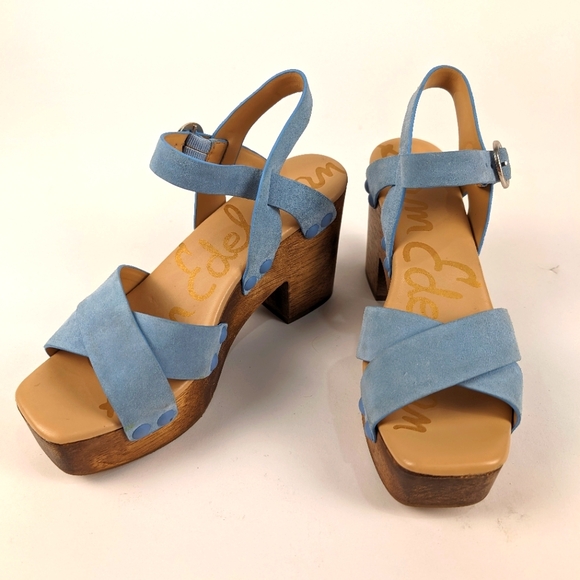 Sam Edelman Shoes - Sam Edelman Josefine Wooden Platform Sandal Heels Suede Clogs Light Baby Blue